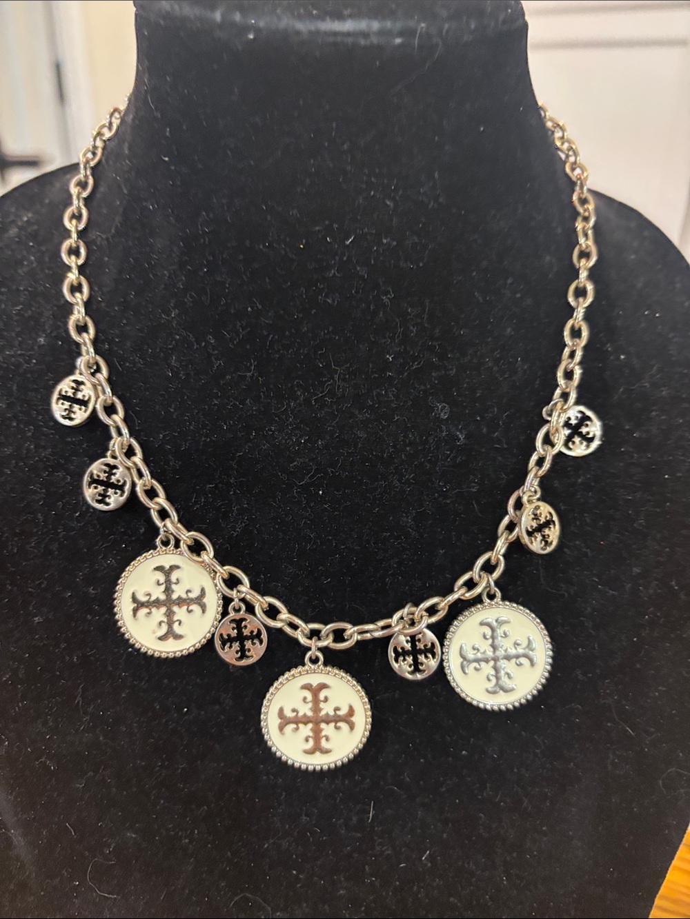 Gold-Tone Coin Charm Necklace with Ivory Enamel Accents